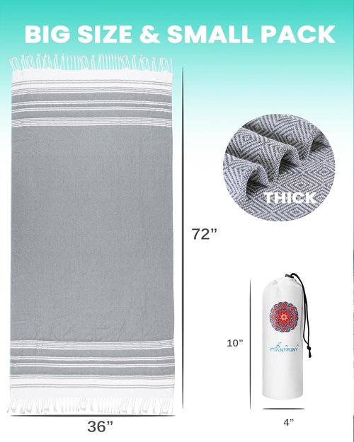 Antfuny Turkish Beach Towel - Quick Dry, Sand-Free Oversized XL for Pool & Travel - Gray