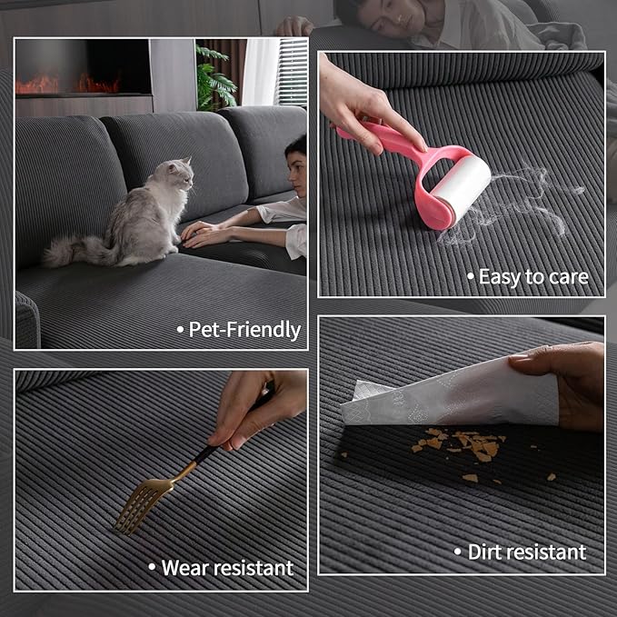 OHSIO Sectional Couch Covers, Wear Resistant Stretch Sofa Covers Washable Soft Couch Cushion Covers Anti Slip Furniture Protector Sofa Slipcovers for Pets(3 Pieces 2 Seaters+1 Chaise, Dark Gray)