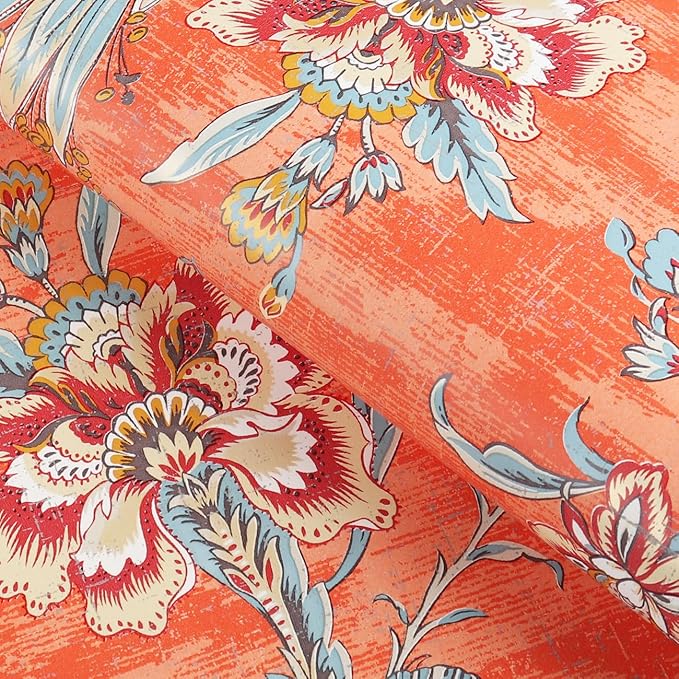 FunStick 17.5"x118" Vintage Floral Peel and Stick Wallpaper Orange Red Wall