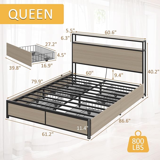 Lifezone Queen Bed Frame with 2-Tier Storage Headboard, Metal Platform Bed Frame with 4 Storage Drawers, Built in Charging Station & LED, Noise-Free/Metal Support/No Box Spring Needed, Beige