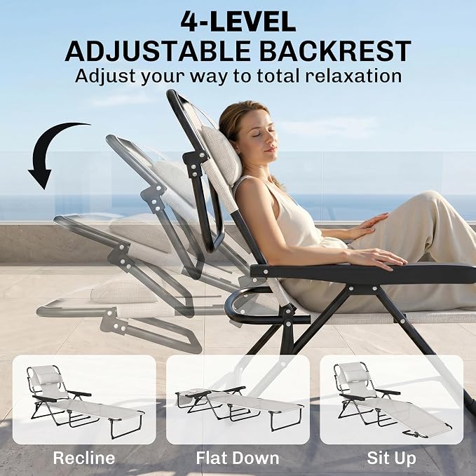 Outsunny Tanning Chaise Lounge Chair, 4-Position Beach Chair with Face & Arm Holes, Pillow headrest, Adjustable Sunbathing Chair, Cream White