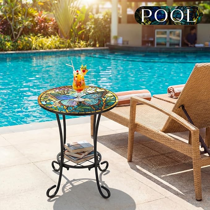 Cinnvoice Outdoor Side Table 2-Tier Round Small Mosaic Patio Accent Indoor End Plant Coffee Tea Table for Yard Patio Porch Garden Living Room, Bedroom(Butterfly Style,14 Inch)