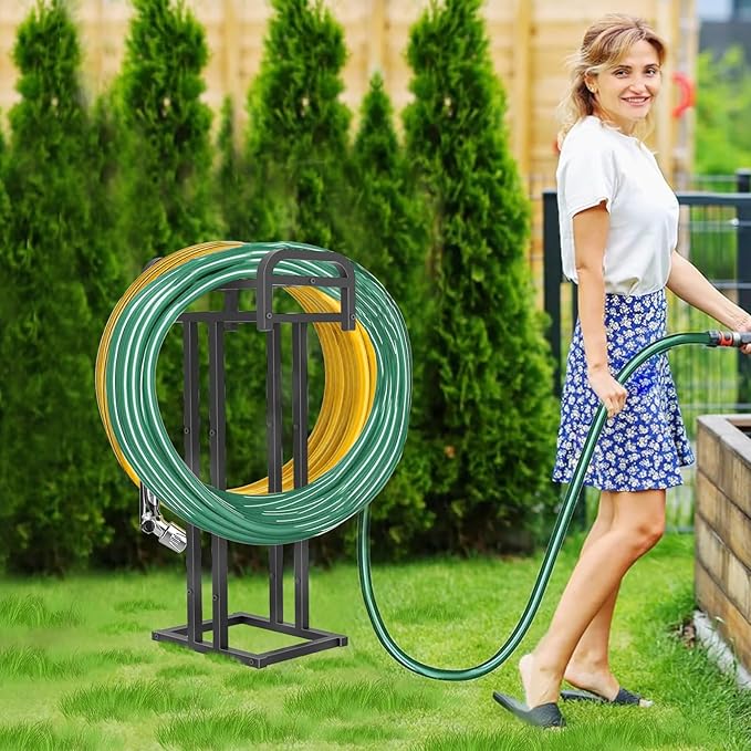 Lilybud--lily Heavy Duty Freestanding Garden Hose Holder, Upgraded Double Side 150FT Capacity Metal Water Hose Stand, Outdoor Hose Hanger Storage Reel for Lawn, Yard & Garden