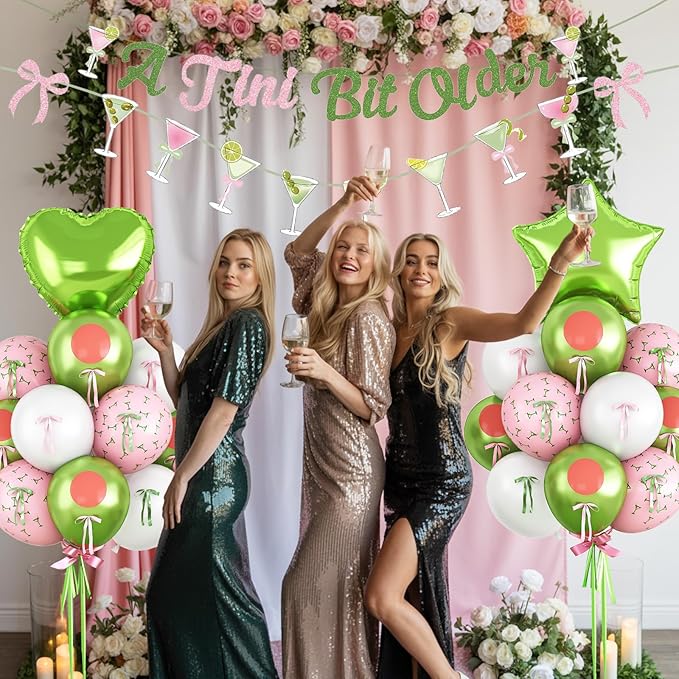 A Tini Bit Older Birthday Decorations Glitter Pink Green Balloon Set Star Heart Foil Balloons Martini Glasses Bunting Banner Garland Cocktail Night Party Bar for Girls Women Bachelorette Bridal Shower