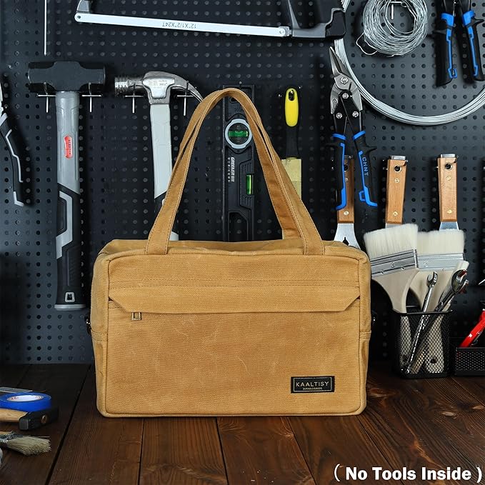Canvas Tool Organizer, Heavy Duty 16oz Waxed Canvas Garden Hand Tools Bag - with Hidden Zipper Pocket & Large Storage Capacity, Tool Carrier for Gardening Carpentry Tools | 11.5" x 7" x 7.5"
