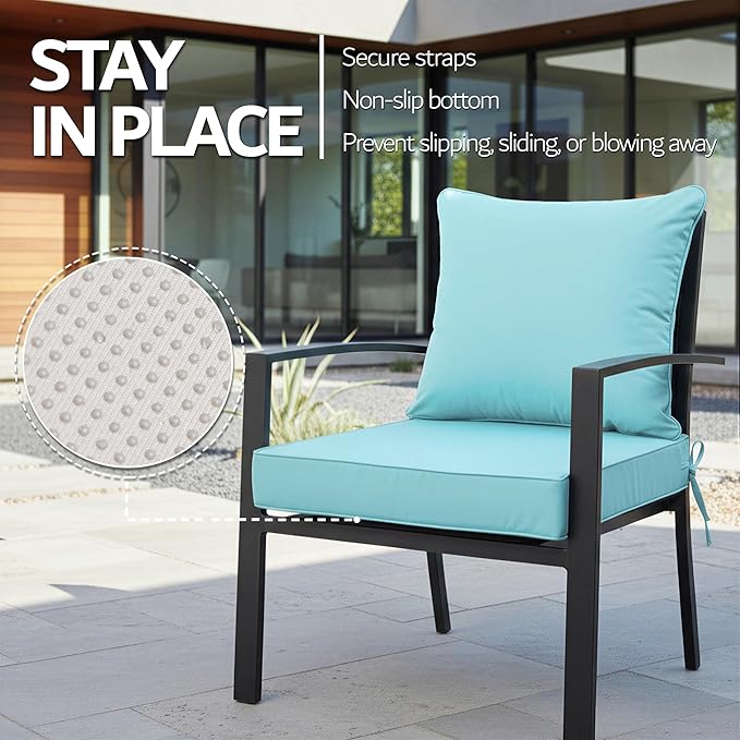 24x24 Inch Outdoor Chair Cushions Set of 4, Patio Furniture Cushions - Removable Cover, Water-Repellent, Fade-Resistant, Non-Slip Bottom & Straps, Replacement for Deep Seat Sofa & Couch - Light Blue