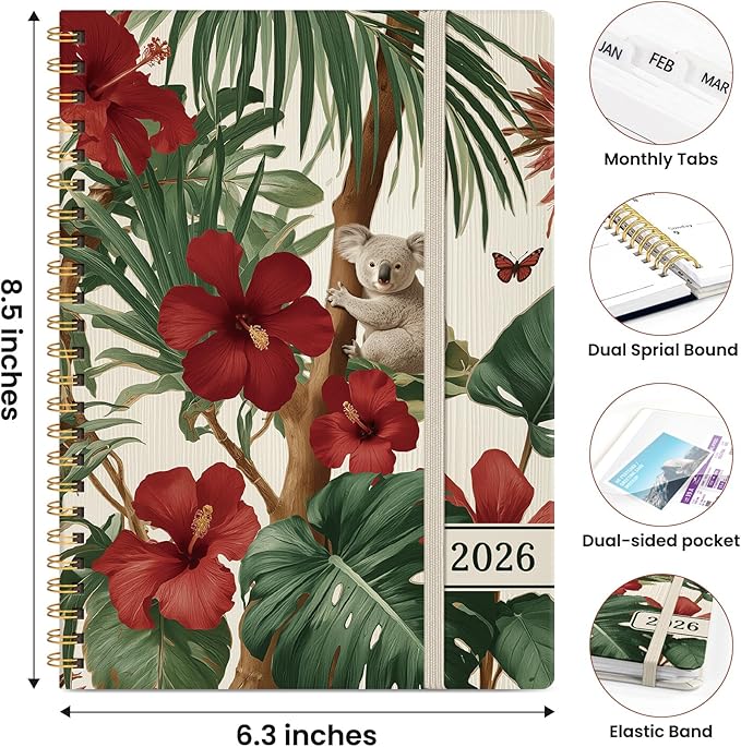 2026 Planner, Weekly and Monthly Planner for Women, Jan 2026 - Dec 2026 Pretty 2026 Calendar Planner with Monthly Tabs, Inner Pocket, Spiral Binding, Perfect for Office Home School - 6.3" x 8.5", Koala Retreat