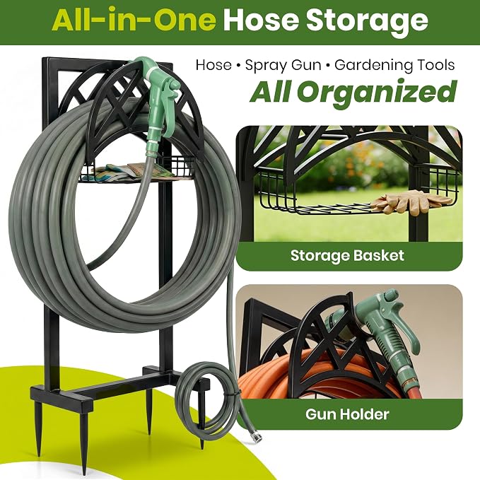 Oriva Garden Hose Holder Stand, Freestanding Water Hose Holder for Outside, Heavy Duty Rust-Resistant Metal Hose Hanger w/ 4-Spike Base, Holds upto 160ft, Outdoor Hose Storage for Yard, Lawn & Garden