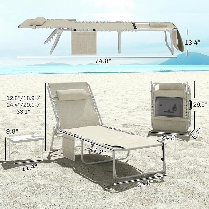 Outsunny Tanning Chair Set of 2 with Face Hole, Side Table, 5-Position Reclining Folding Chaise Lounge Chair Outdoor Lounger Recliner, Carry Straps for Beach Pool Camp, Breathable Mesh, Beige