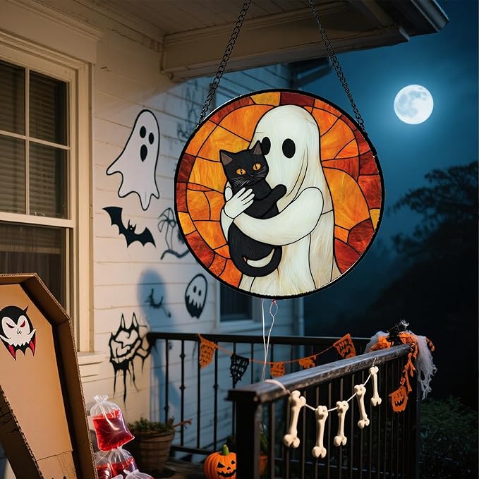 Stained Glass Window Hanging - Halloween Decorations White Ghost Black Cat Suncatcher for Doors Garden Spooky Funny Orange Sun Catchers Gothic Decor Horror Gifts for Women Men Friend 15 in
