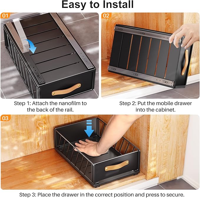 Pull out Cabinet Organizer Fixed with Adhesive Nano Film,Heavy Duty Slide out Pantry Shelves Drawer Storage,Sliding Mesh Cabinet Basket with Handle for Kitchen, Bathroom,Home, 9.8"WX 15.7"D X 6.2"H