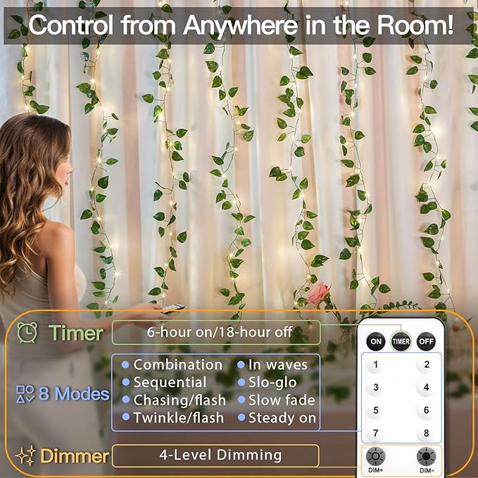 suddus 200 LED Vine with Light Plug in, 6.5ft x 6.5ft Pothos Fairy Curtain