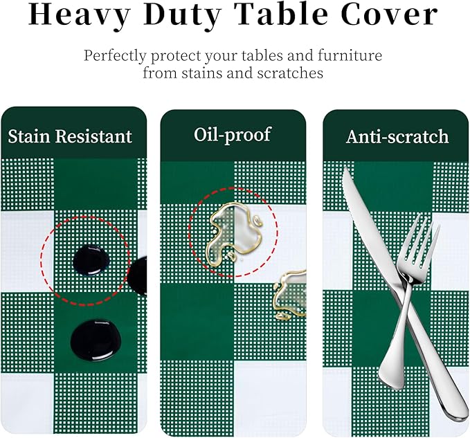 3 Packs Green and White Checkered Tablecloth 54x108 Inches Rectangle Gingham Tablecloth Disposable Plastic Waterproof Table Cover for Outdoor Picnic Kitchen and Birthday Party