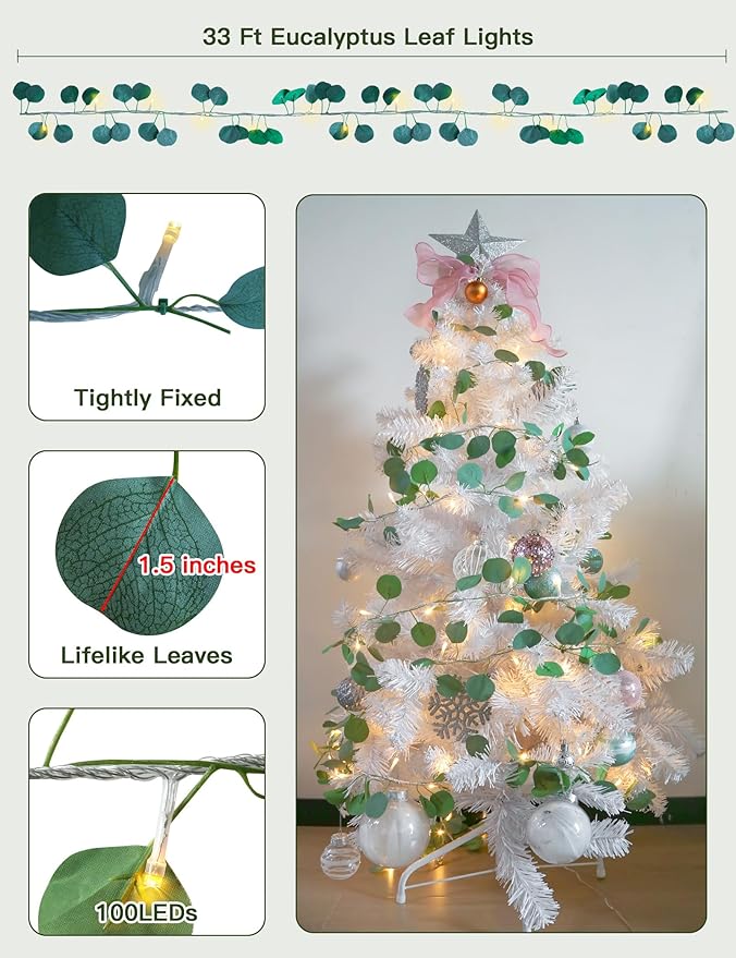 suddus Vines with Lights Plug in, 33ft 100 LED Eucalyptus Garland String Light