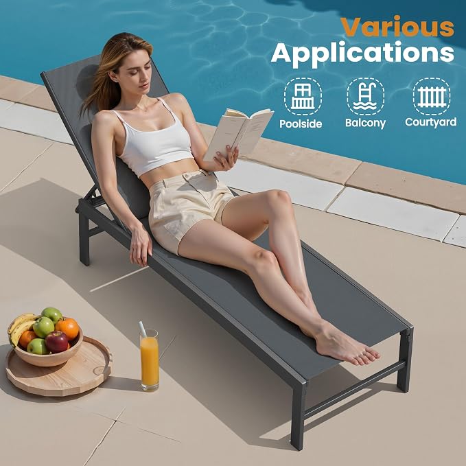 Crestlive Products Chaise Lounge Chair Outdoor Set of 2, Adjustable 5 Positions Pool Lounge Chairs, Metal Tanning Recliner, Outdoor Furniture All Weather for Patio, Beach, Yard, Pool