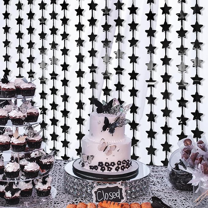 LOLStar Black Stars Birthday Decorations for New Years Eve 2026 Men Boy 2Pack 3.3X6.6ft Each Black Backdrop Star Foil Fringe Curtains for Happy to My 20s Party Supplies nye Streamers Graduation Decor