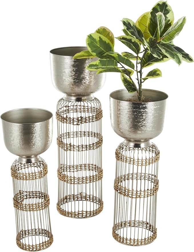 Deco 79 Metal Indoor Planter Textured Dome Large Planter Pot with Woven Seagrass and Caged Rod Pedestal Base, Set of 3 Planters 32", 27", 24" H, Silver