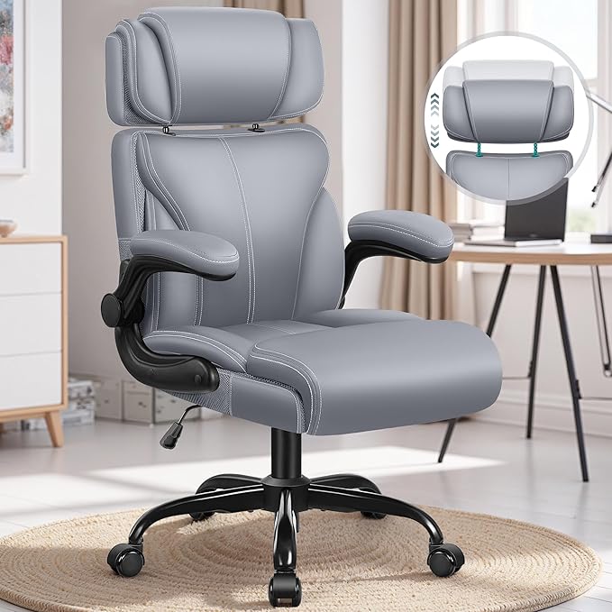 Office Chair, Ergonomic Big and Tall Computer Desk Chair with Retractable Adjustable Headrest, Executive Breathable Leather Chair, Lumbar Support Swivel PC Chair with Flip-up Armrests Rocking Function