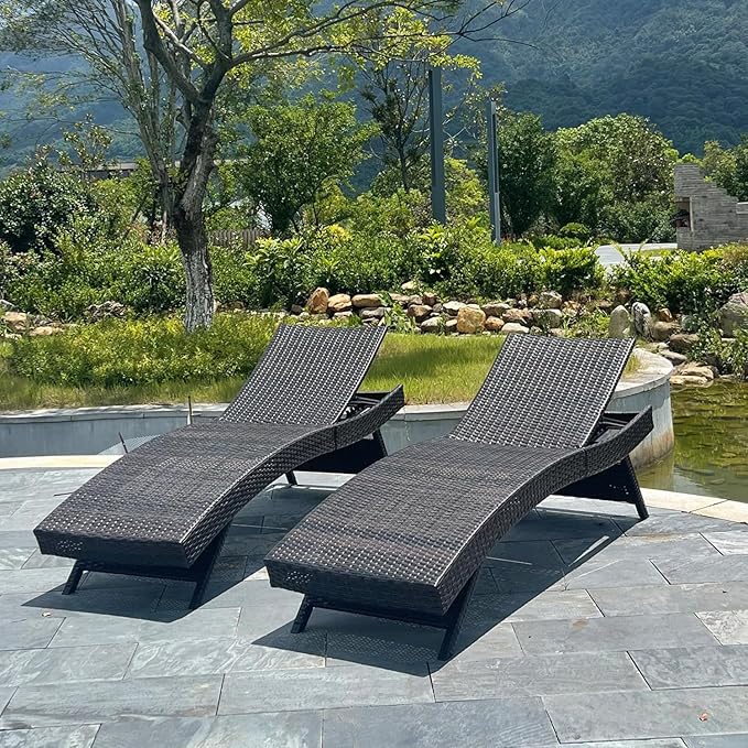 Set of Foldable Long Reclining Patio Seating Chairs, 2 Folding Chairs Patio Chaise Lounge, Outdoor Wicker Lounge Chaise, Rattan Chaise Lounge Lawn Sunbathing Recliner Beach Pool Backrest Recliners