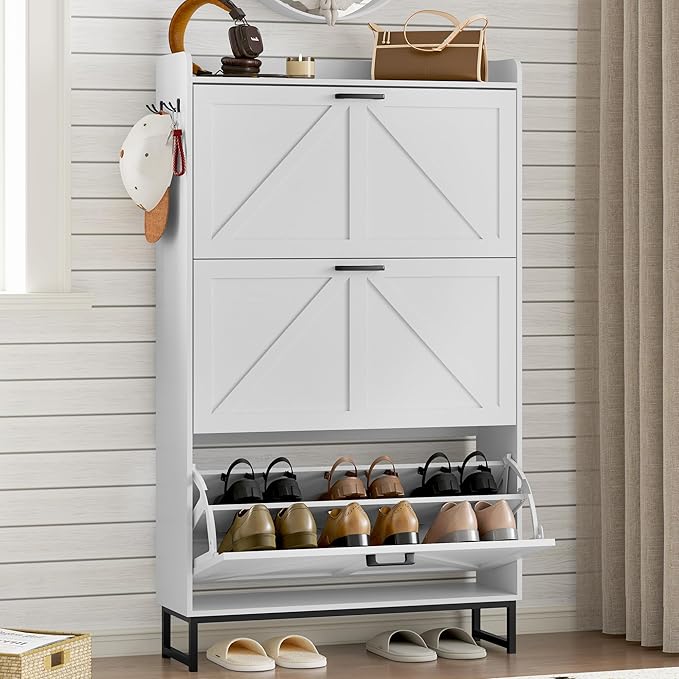 Shoe Cabinet with 3 Flip Drawers Narrow Shoe Storage Cabinet Organizer Wooden Freestanding Shoe Rack Hidden Slim Shoes Storage Cabinet for Entryway, Hallway, Living Room, Bedroom