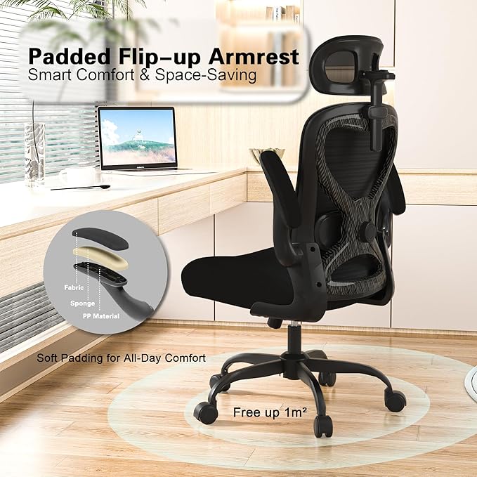Office Chair for Back & Neck Pain Relief, Virgin Foam Seat, 2D Adjustable Lumbar & 3D Headrest, Flip-Up Armrests, Tilt & Rock for Relaxation, Black/Carbon Fiber