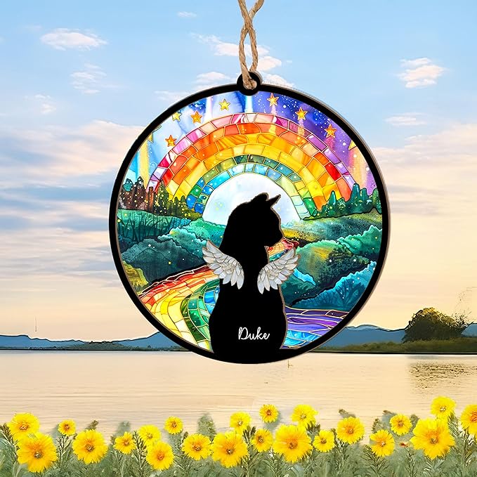 Personalized Pet Memorial Suncatcher – Custom Dog & Cat Rainbow Bridge Suncatcher with Name & Breed, Pet Loss Sympathy Gift, Memorial Keepsake for Dog & Cat Lovers (Up to 3 Pets)