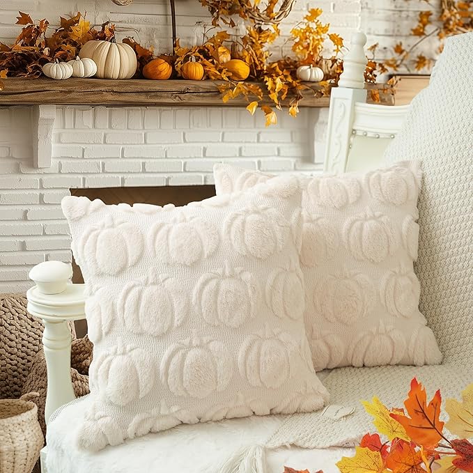 GEEORY Fall Pumpkins Soft Plush Pillow Covers, 16 x 16 Inch Set of 2, Fluffy Faux Fur Wool Decorative Farmhouse Cushion Case for Sofa Home Decoration Beige Pumpkin GC020-16
