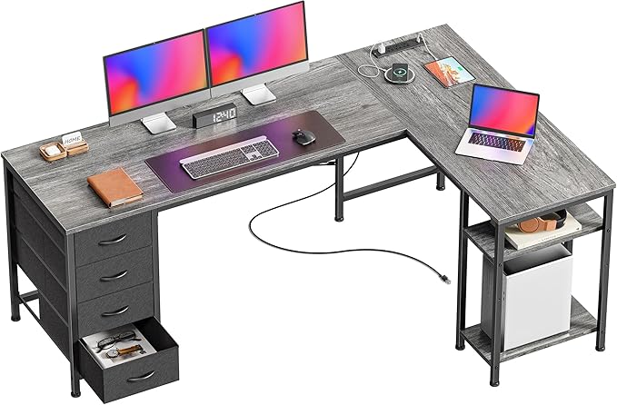 Huuger 63 Inch L Shaped Desk with Fabric Drawers, Reversible Computer Gaming Desk with Power Outlets and USB-C Port, Adjustable Side Storage Shelves, for Work Study Corner Home Office, Grey
