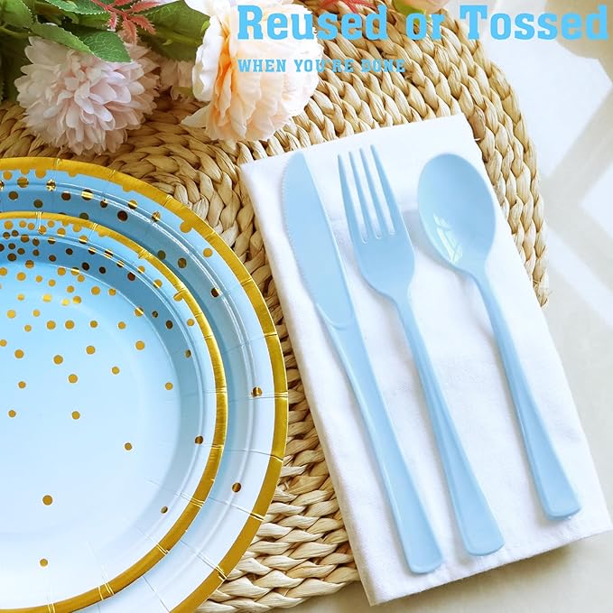 150 Pack Blue Plastic Silverware, Light Blue Plastic Utensils Heavy Duty, 50 Forks, 50 Knives, 50 Spoons for Birthday Wedding Baby Shower Boy