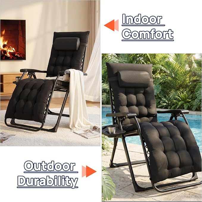 Alpen Oversized Outdoor Zero Gravity Chair, Portable Patio Recliner with Removable Pad and Adjustable Headrest, Lounge Chair with Cup Holder for Outdoor Camping Lawn Balcony, Black
