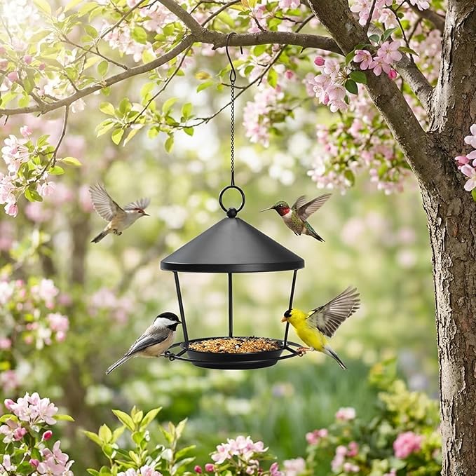 Bird Feeder for Outdoor Hanging,Hanging Bird Feeder with Roof,Elegant Garden Sculpture with Multi-Use Bird Bath and Feeder with Chain and Hook,Creative Decor for Patio Balcony Yard Home