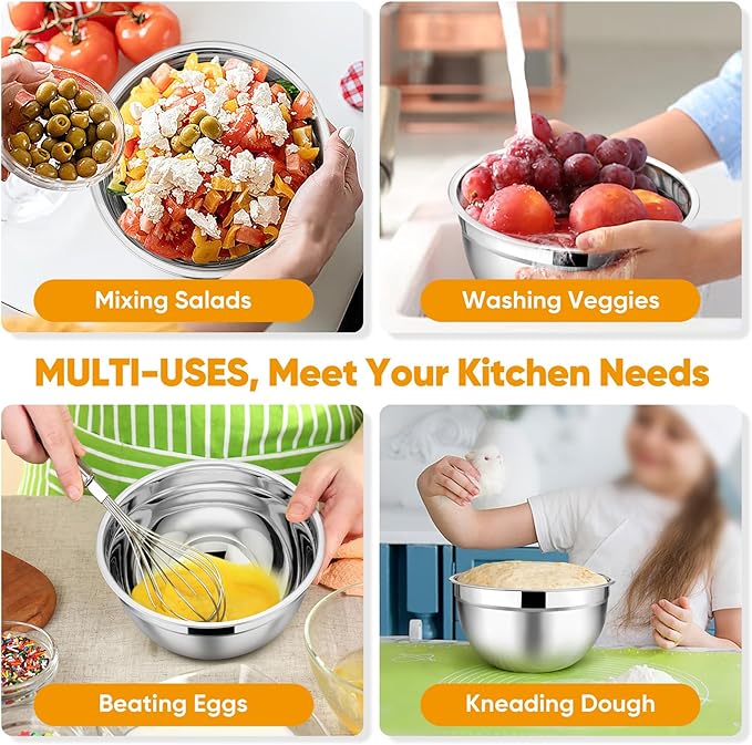 TeamFar Mixing Bowl Set of 5, 4.5/3/1.5/1/0.7 QT, Stainless Steel Metal Nesting Salad Bowl with Lid Set, Ideal for Mixing Serving, Non-Toxic & Sturdy, Airtight Lid & Easy Clean, Black