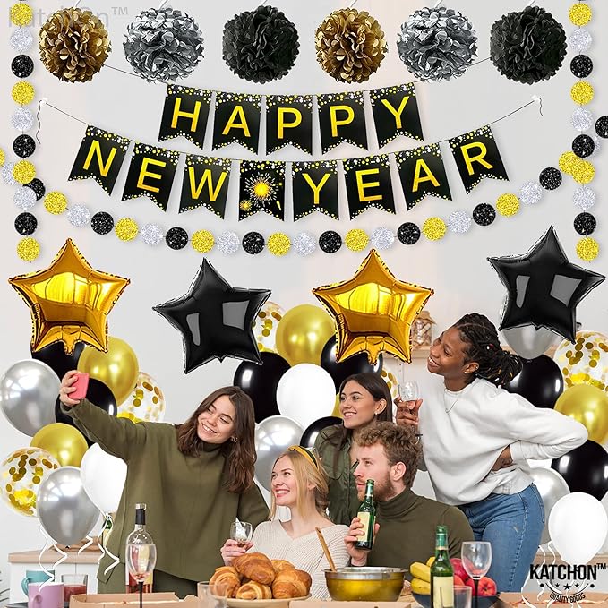 KatchOn, New Years Eve Party Supplies 2026 - Big, Pack of 70 | Happy New Years Decorations 2026 | Hanging Swirls, PomPoms, NYE Decorations 2026 | Eve Decorations