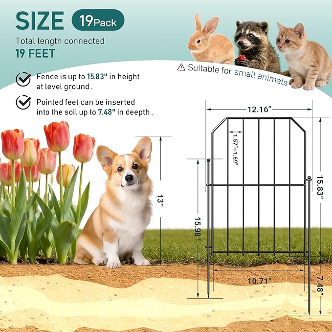 Goovilla Garden Fence, Total 19ft(L) x 24in(H) Garden Fencing Animal Barrier, 19 Pcs Rustproof Metal Wire No Dig Fence Panels, Black Decorative Garden Fences and Borders for Dogs, Flower Bed, Patio