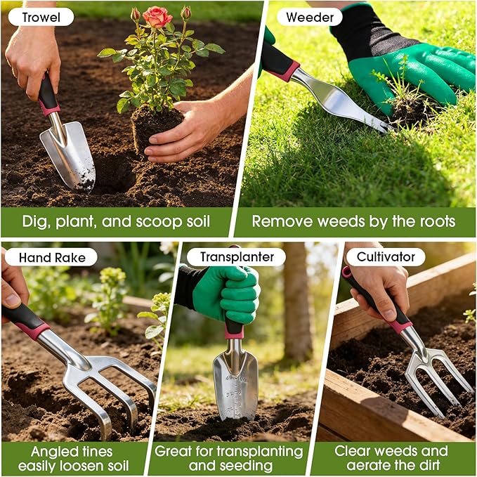 WOWBOX Garden Tools Set - 10 PCS, Heavy Duty Gardening Hand Tools Kit with Storage Tote, Rust-Resistant Gardening Supplies for Planting with Non-Slip Ergonomic Handle for Women and Men (Red)