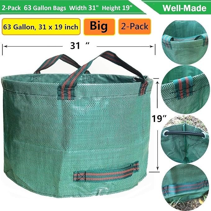 Professional 2-Pack 63 Gallon Lawn Garden Bags Big (D31,H19 in) Yard Waste Bags with Gardening Gloves for Reusable Leaf Bag,Garden Trash Containers,Lawn Weeds,Grass Clippings,Yard Debris Bag 4 Handles