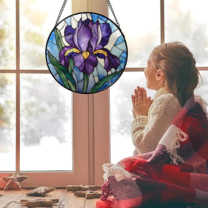Stained Glass Window Hanging - Iris Birth Flower Suncatcher for Doors Garden Yard Purple Blue Sun Catchers Decor Christmas Mother's Day Birthday Gifts for Teacher Women Mom Nana 6.3 in