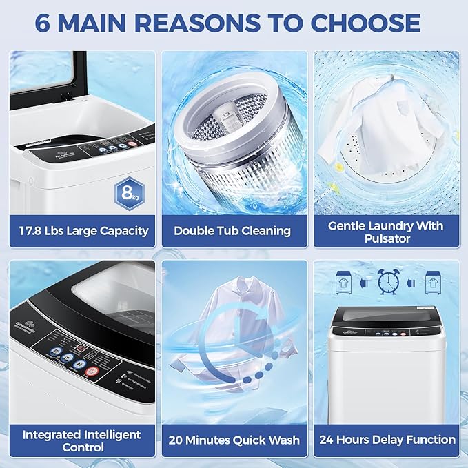 Nictemaw Portable Washing Machine 17.8Lbs 2.4 Cu.ft Full Automatic Washer Machine with 10 Programs and 8 Water Levels Small Washing Machine for Apartment, Rv, Home, Glass Cover