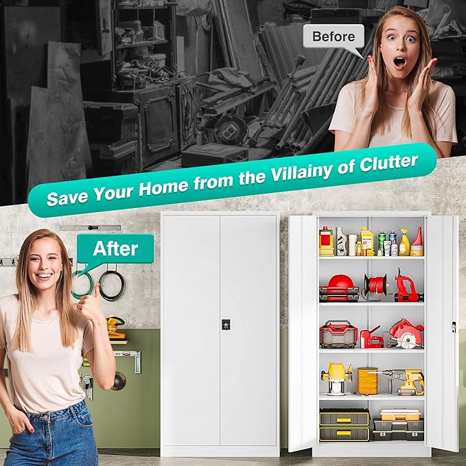 SISESOL Wide & Deep Metal Storage Storage Cabinet with Adjustable Shelves,White Metal Cabinet with Lock,Steel Pantry Cabinets,72" Lockable Cabinets for Home,Office,Garage,Kitchen,Shop