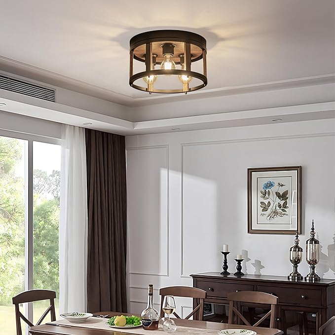 MAYNA 3-Light Retro Farmhouse Flush Mount Round Vintage Metal and Wood Ceiling Light Fixtures, Rustic Ceiling Lamp for Kitchen, Hallway, Entryway, Bedroom, Dining Room