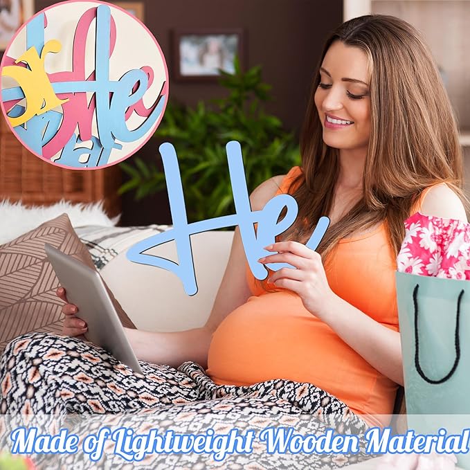 Large Wooden Gender Reveal Party Signs for Backdrop He or She Sign Decoration Decals Peel and Stick What Will Baby Be Decor Sticker for Balloon Arch Baby Gender Welcome Sign Girl or Boy Party Supplies