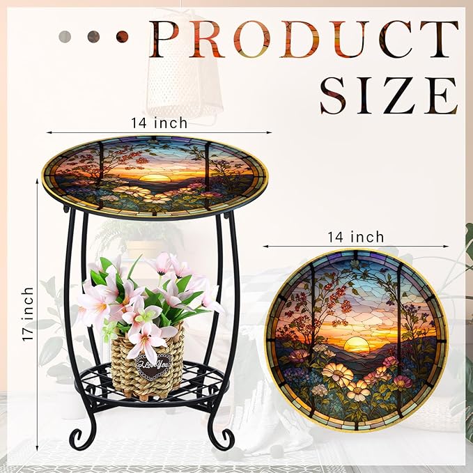Cinnvoice Outdoor Side Table Round Small Mosaic Patio Accent Indoor End Plant Coffee Tea Table for Yard Patio Porch Garden Living Room, Bedroom(Sunset and Flowers,14 Inch)