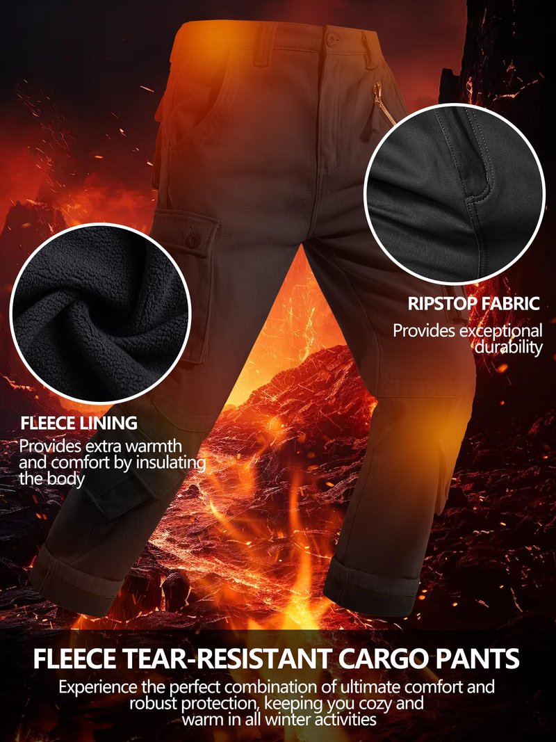 Yevtzl Men's Fleece Lined Hiking Cargo Pants, Snow Ski Winter Insulated Work Pants Mens Tactical Pant for Camping Safari with Pocket (US, Numeric, 34, Regular, Regular, Black)