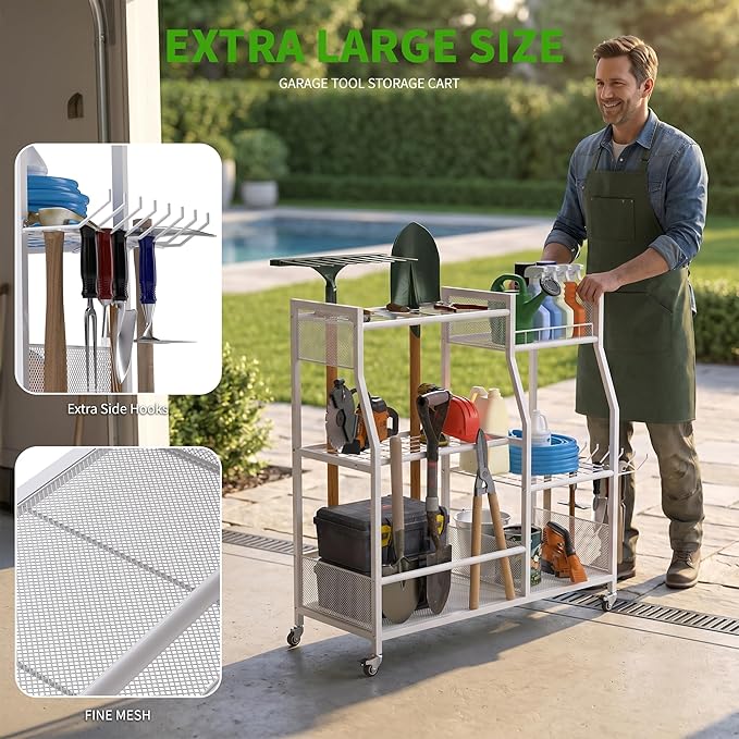 HOTEAGLE Yard Tool Organizer for Garage 35.4" Width High Stability Outdoor Metal Utility Rolling Cart with Mute Wheels, 18.5mm Thick Rods Ideal Garden Tool Rack, Easy to Clean,White