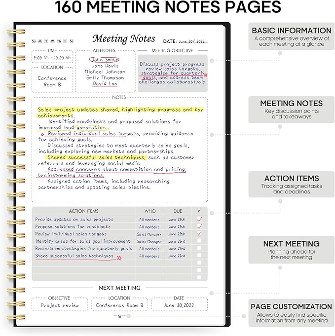 30 Pack of Meeting Notebook for Work Organization - Work Planner Notebook with Action Items, Agenda Planner for Note Taking, 160 Pages (6.9" X 9.9") Project Organizer for Men & Women - Black