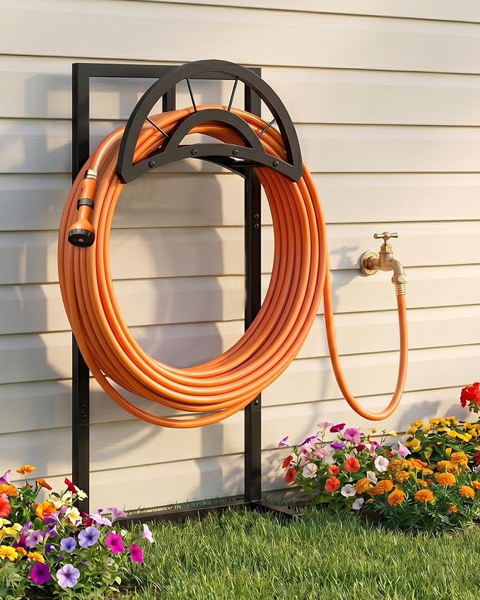 CHOEZON Garden Hose Holder with 5 Prongs, Heavy Duty Water Hose Holder Stand, Holds 150ft Hose, Metal Water Hose Holder for Outside, Yard, Lawn, Patio, Black TCJ91BB