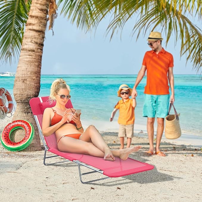 Outdoor Chaise Lounge with Detachable Pillow, Reclining Folding Chair with 5-Position Adjustable Back, Portable Tanning Chair for Beach, Pool, Lawn, Breathable Mesh Seat, No Assembly
