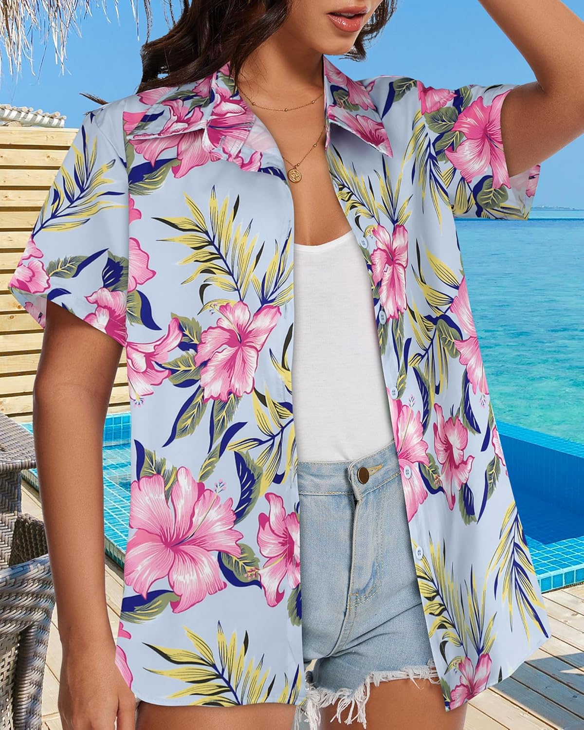 Skiennix Women’s Hawaiian Shirt - Cool Summer Button Down Blouse | Short Sleeve V-Neck Top