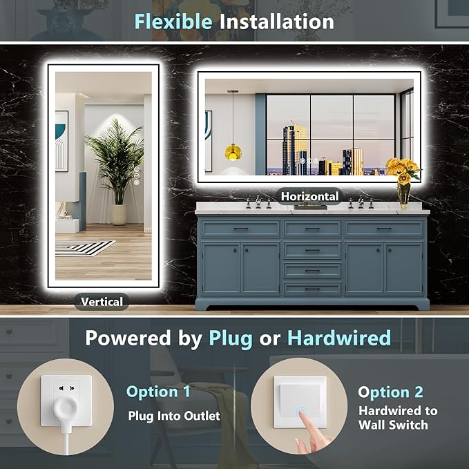 77x36 Black Framed LED Bathroom Mirror