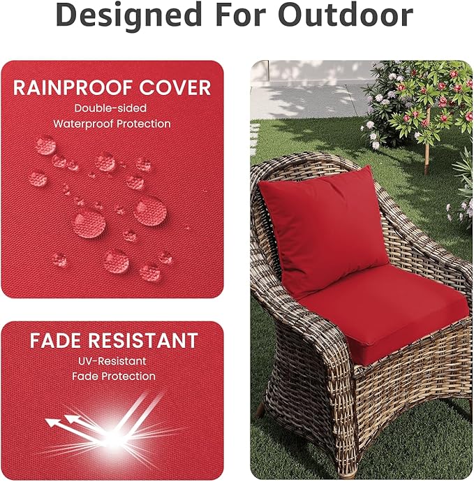 PatioGlow Outdoor Chair Cushions 20 x 20 x 3 Inch, Waterproof & Fade Resistant Patio Seat Cushion for Furniture with Handle and Ties, Thick Seating Pads for Outside Sofa Couch Set of 2, Red
